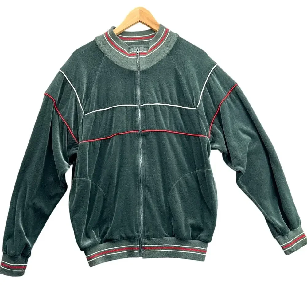 The Fox Collection Vintage Green Soft Velour Zip Up Pockets Jacket Men Medium
